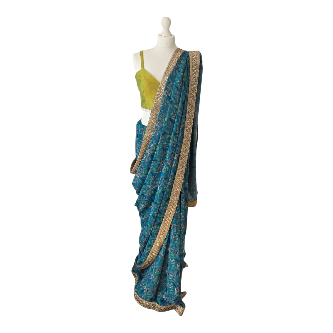 Blue Printed Saree with Bright Olive Bustier Top
