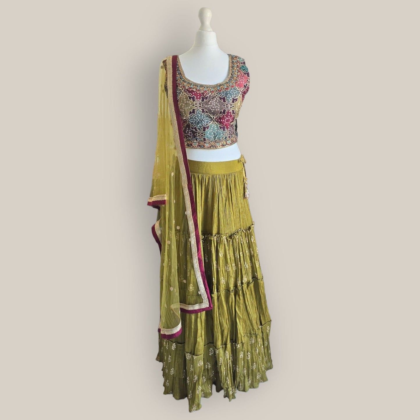 Olive Green Lehenga with Sleeveless Top