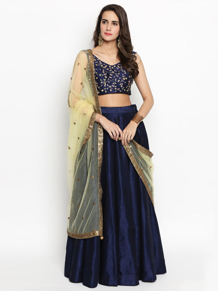 Navy Blue Raw Silk Lehenga
