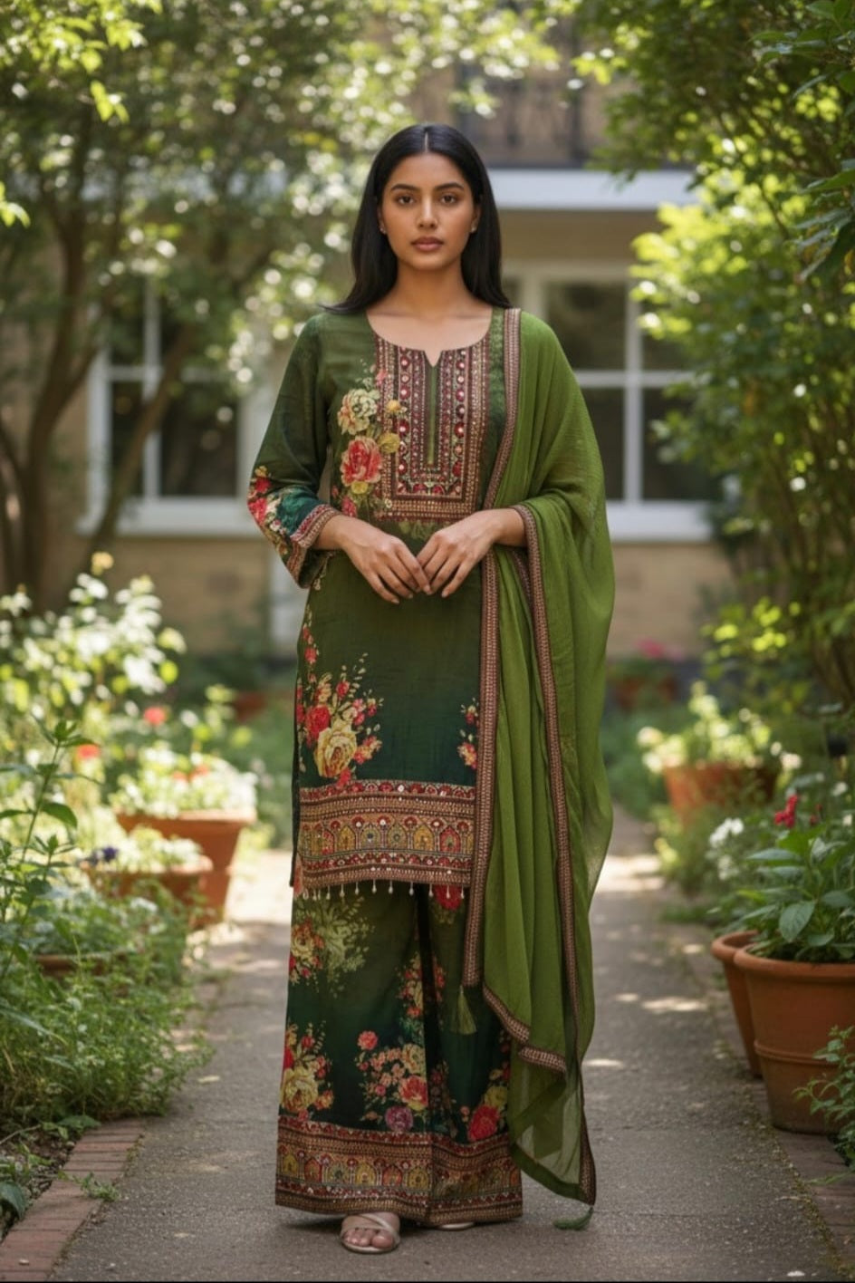 Rich olive Green Floral Palazzo
