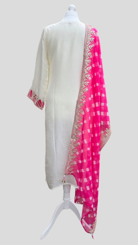 Off white pure silk suit with Fuscia dupatta
