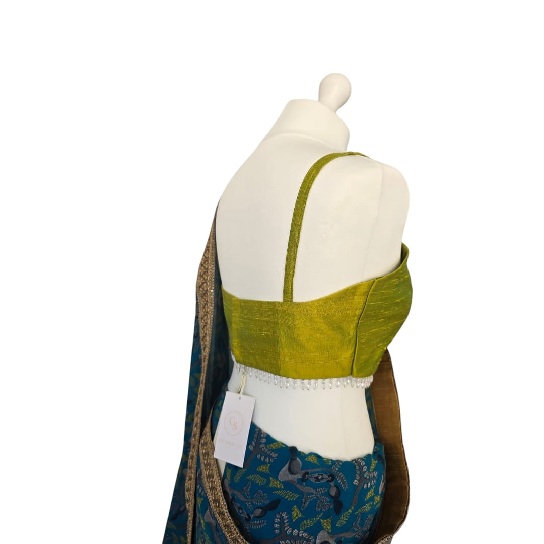 Blue Printed Saree with Bright Olive Bustier Top