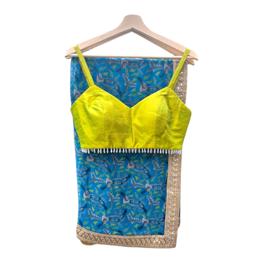 Blue Printed Saree with Bright Olive Bustier Top