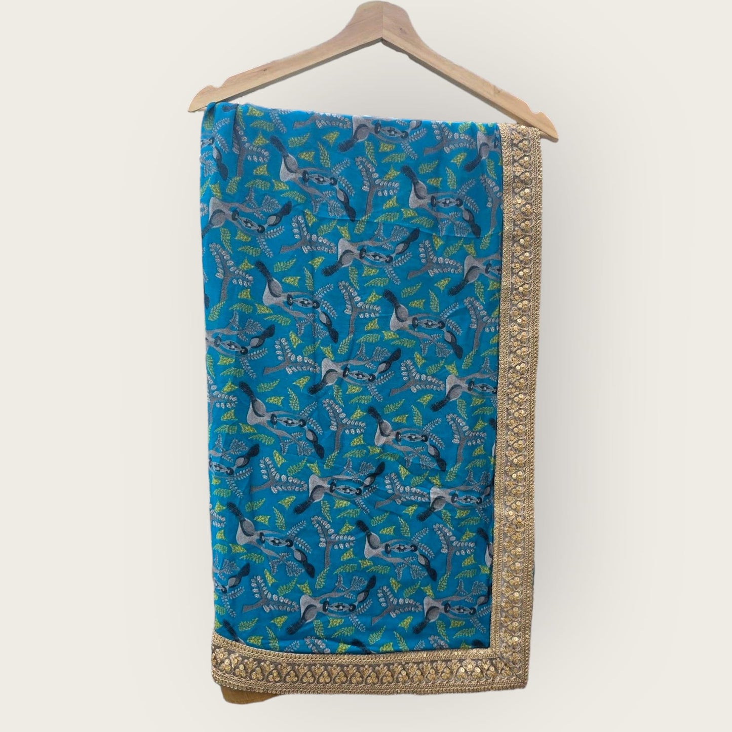 Blue Printed Saree with Bright Olive Bustier Top