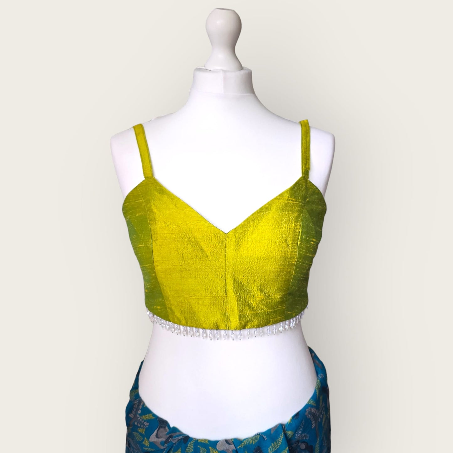Blue Printed Saree with Bright Olive Bustier Top