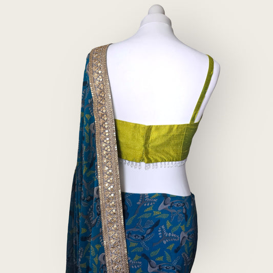 Blue Printed Saree with Bright Olive Bustier Top