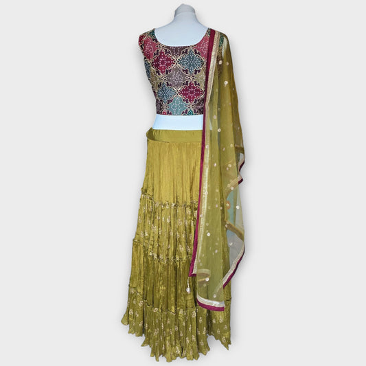 Olive Green Lehenga with Sleeveless Top