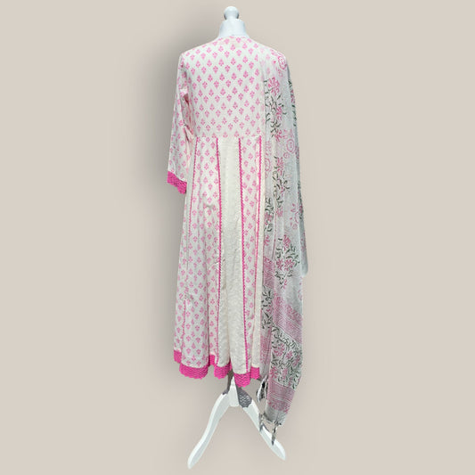 White & Pink cotton schifli Anarkali suit