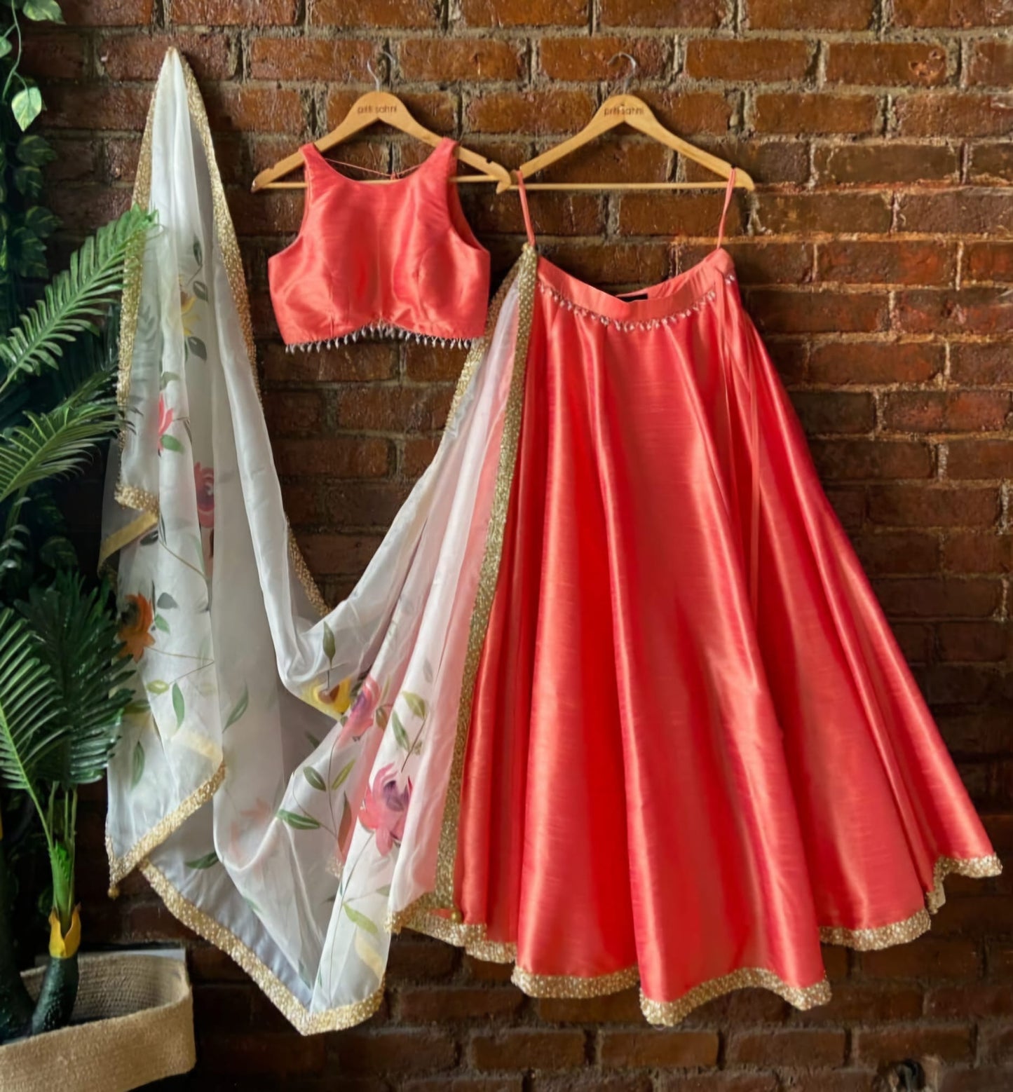 Coral Lehenga with Hand Painted Dupatta