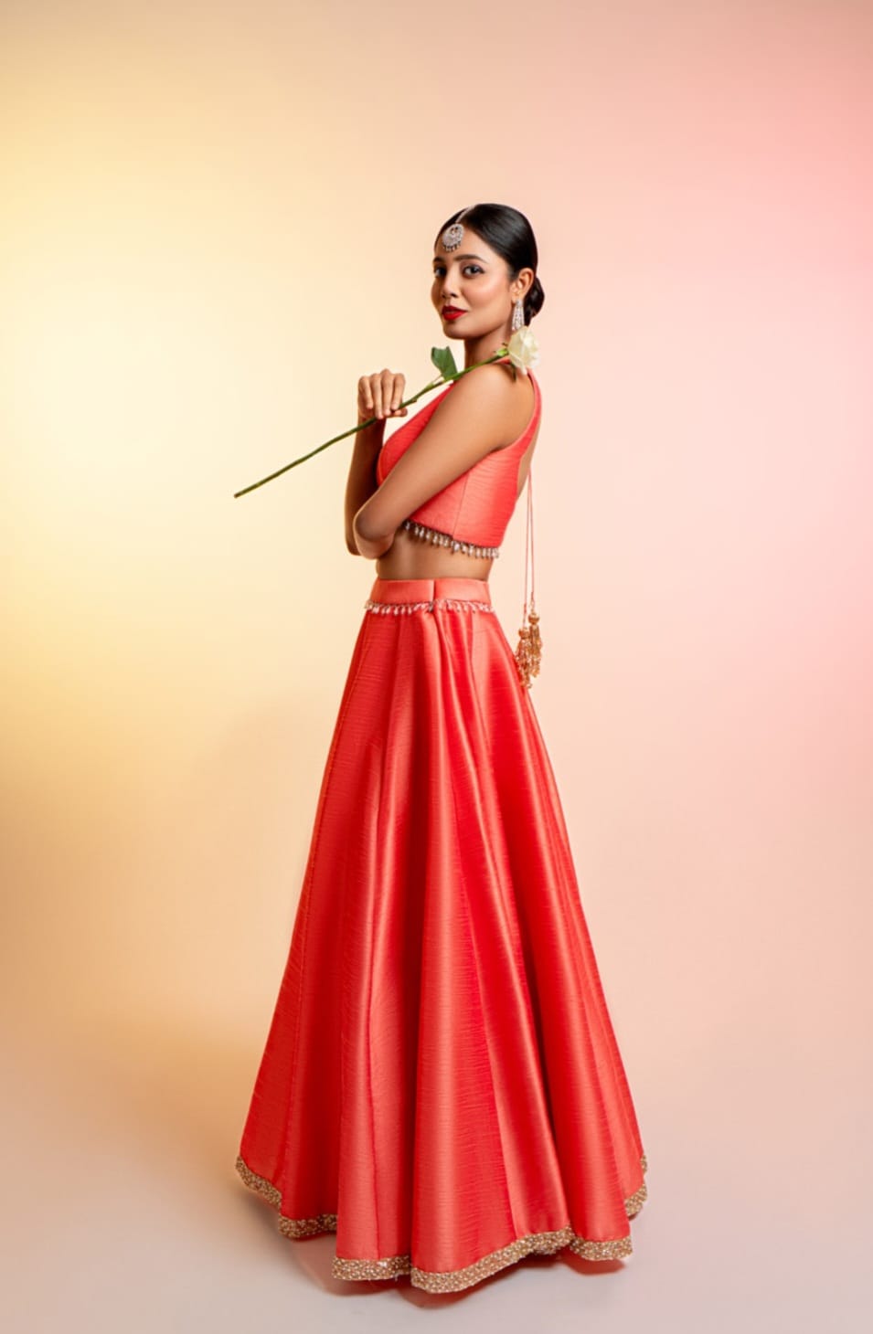 Coral Lehenga with Hand Painted Dupatta