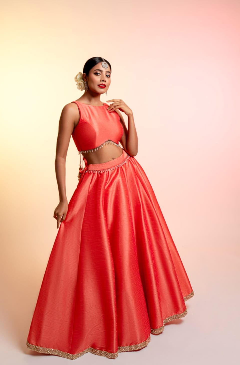 Coral Lehenga with Hand Painted Dupatta
