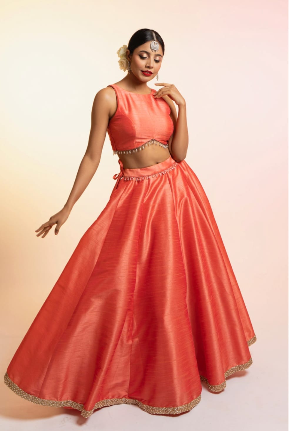 Coral Lehenga with Hand Painted Dupatta