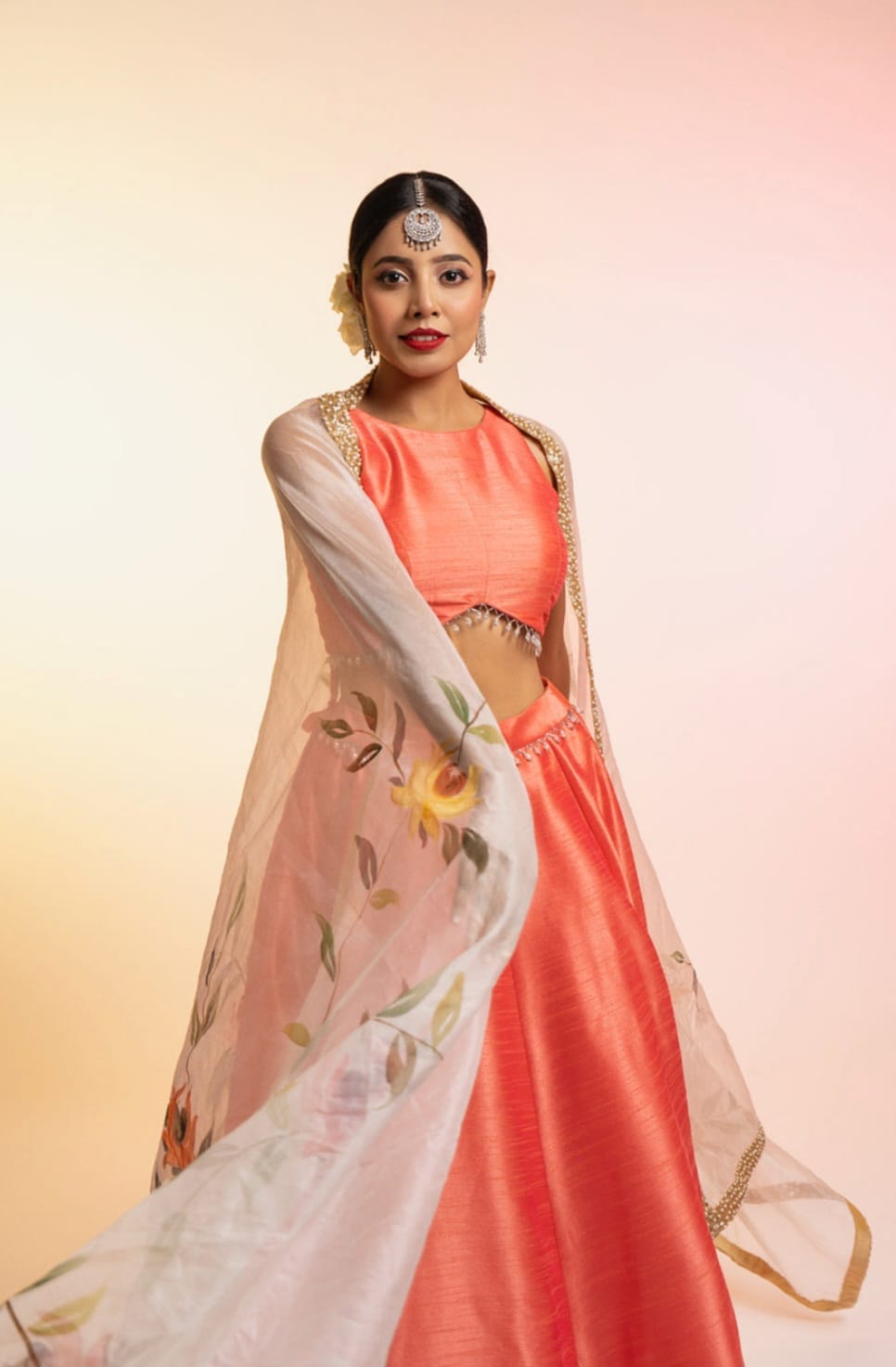 Coral Lehenga with Hand Painted Dupatta