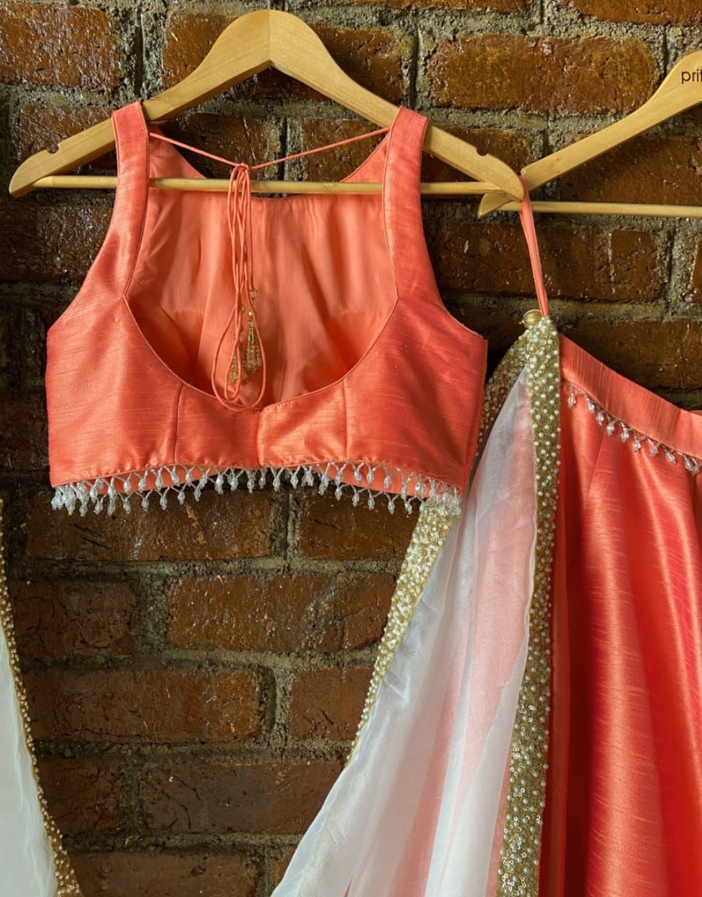 Coral Lehenga with Hand Painted Dupatta