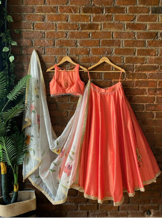 Coral Lehenga with Hand Painted Dupatta