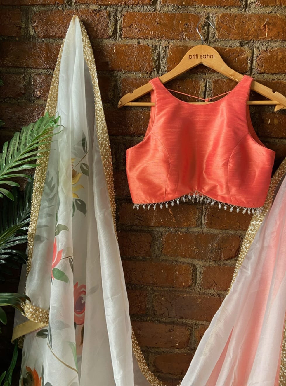 Coral Lehenga with Hand Painted Dupatta