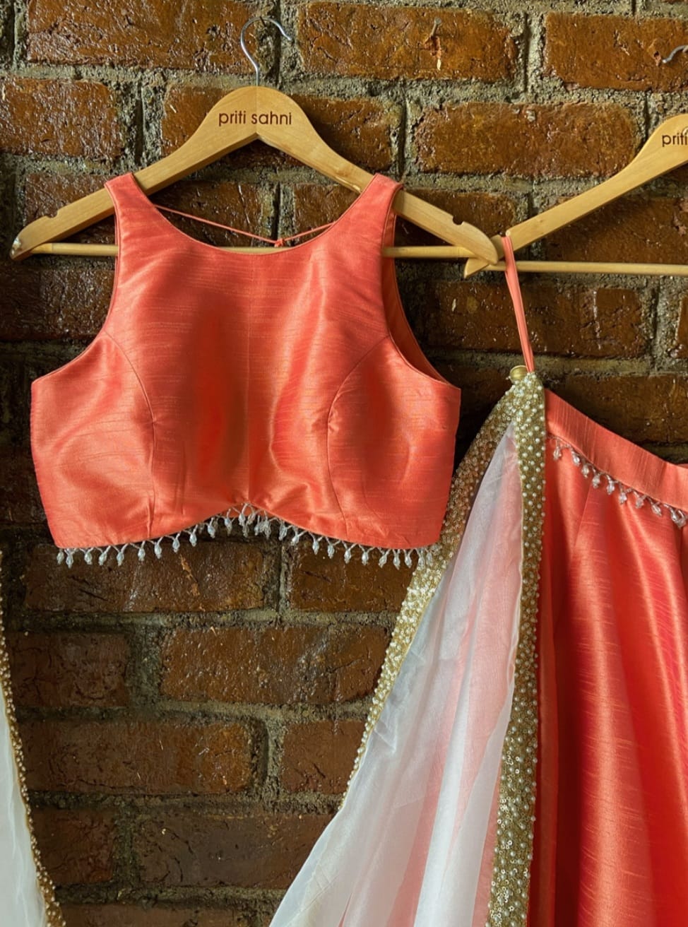 Coral Lehenga with Hand Painted Dupatta