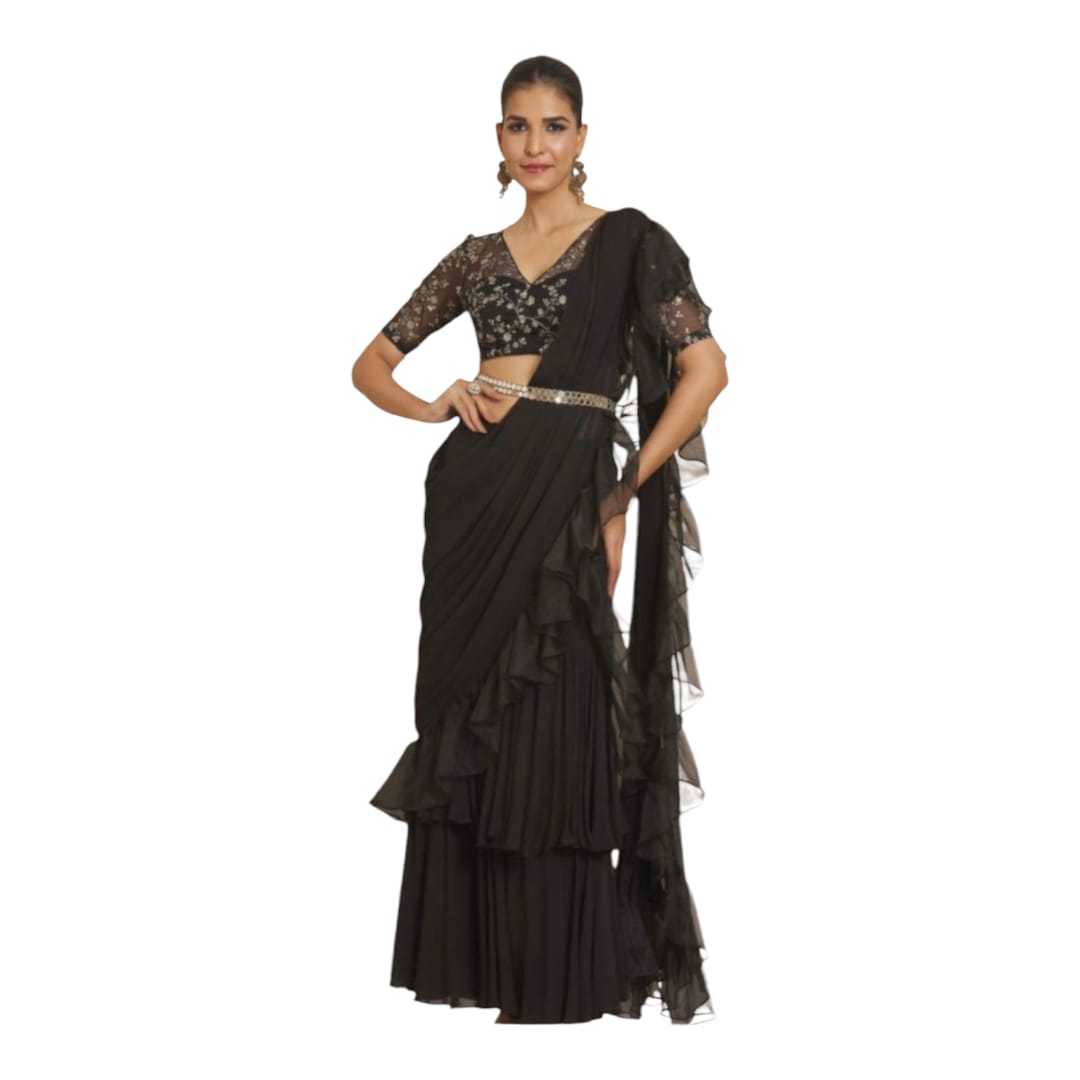 Black Georgette pre-stitched Saree