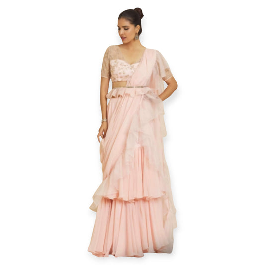 Powder Pink georgette pre-stitched saree