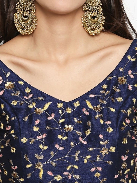 Navy Blue Raw Silk Lehenga