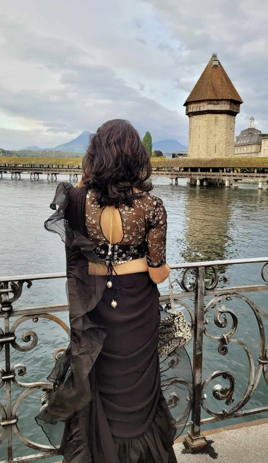 Black Georgette pre-stitched Saree