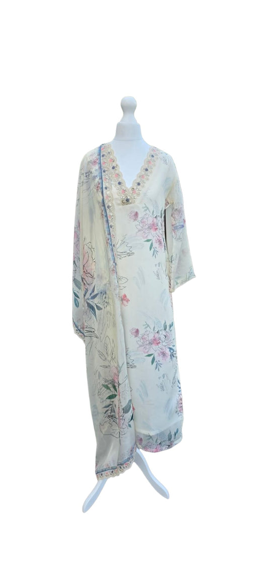 Ivory Digital Print Organza Suit