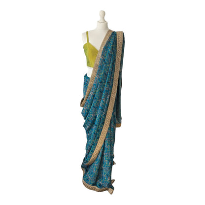 Blue Printed Saree with Bright Olive Bustier Top