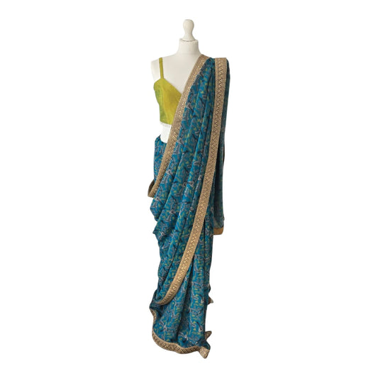 Blue Printed Saree with Bright Olive Bustier Top By Priti Sahni