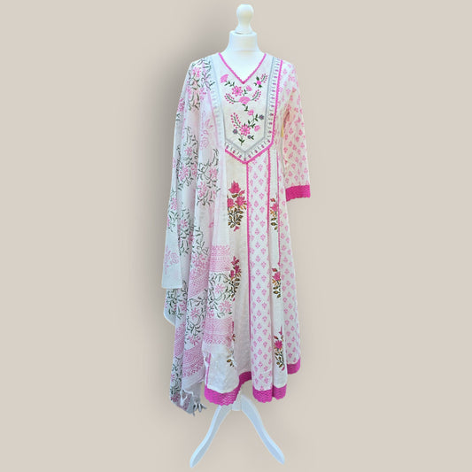 White & Pink cotton schifli  Anarkali suit