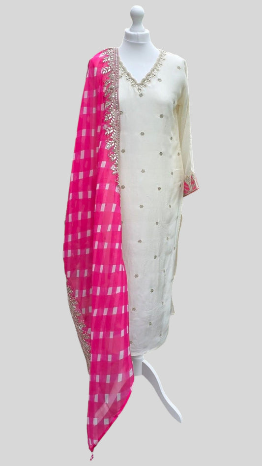 Off white pure silk suit with Fuscia dupatta