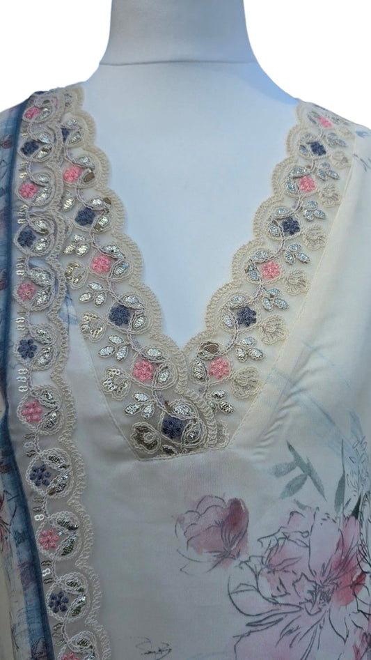 Ivory Digital Print Organza Suit