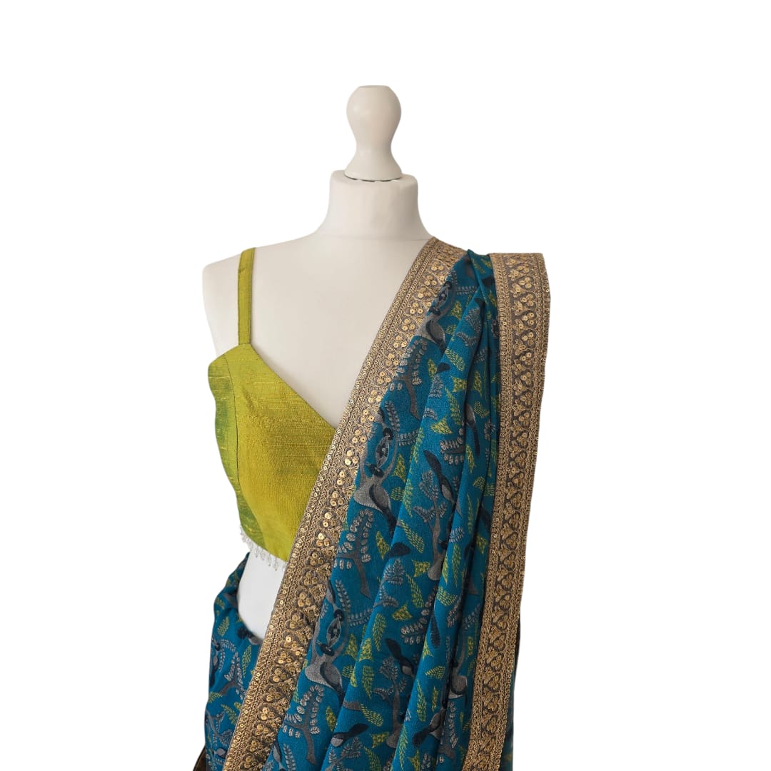 Blue Printed Saree with Bright Olive Bustier Top