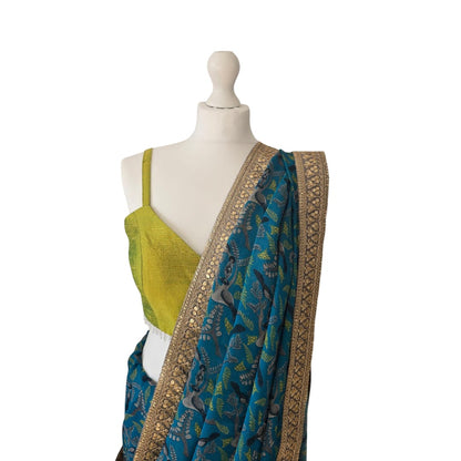 Blue Printed Saree with Bright Olive Bustier Top