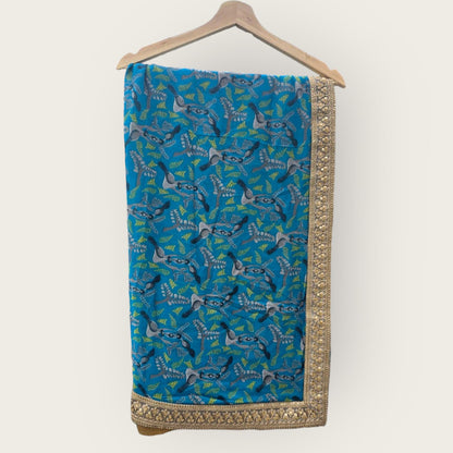 Blue Printed Saree with Bright Olive Bustier Top