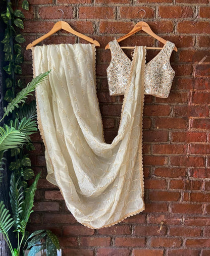 Creme Tissue Embroidered Saree