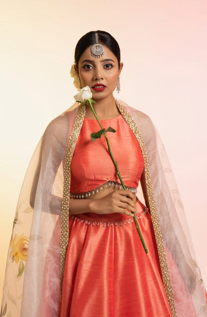 Coral Lehenga with Hand Painted Dupatta