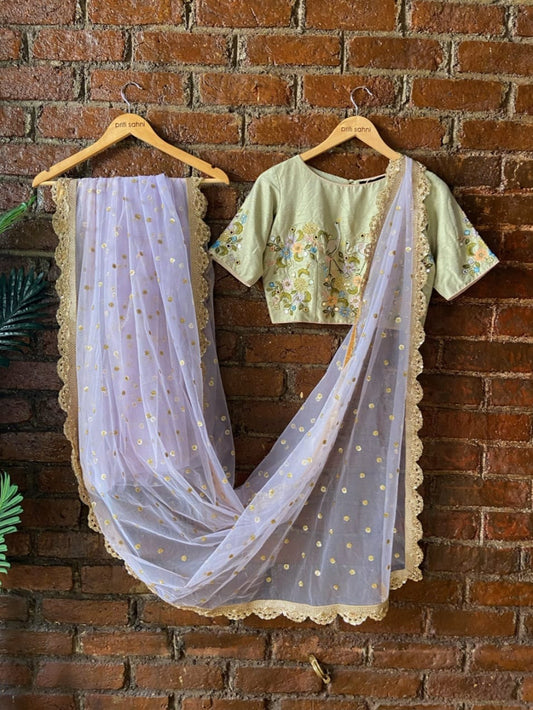 Lavender Tulle Saree and Mint Green Embroidered Blouse By Priti Sahni