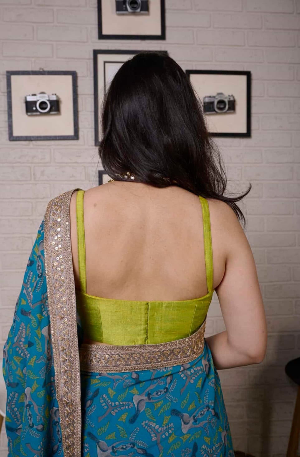 Blue Printed Saree with Bright Olive Bustier Top