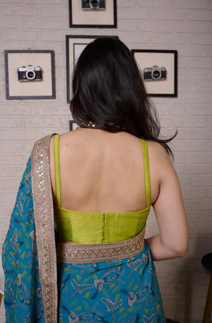 Blue Printed Saree with Bright Olive Bustier Top