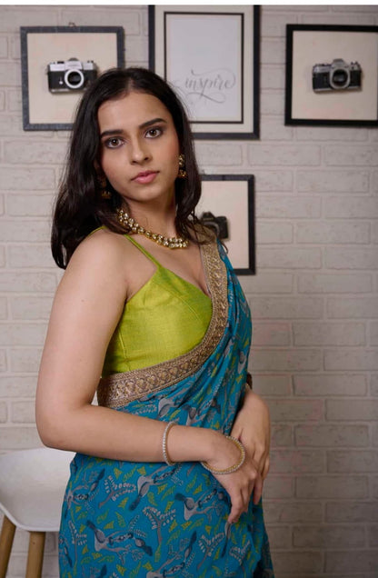Blue Printed Saree with Bright Olive Bustier Top