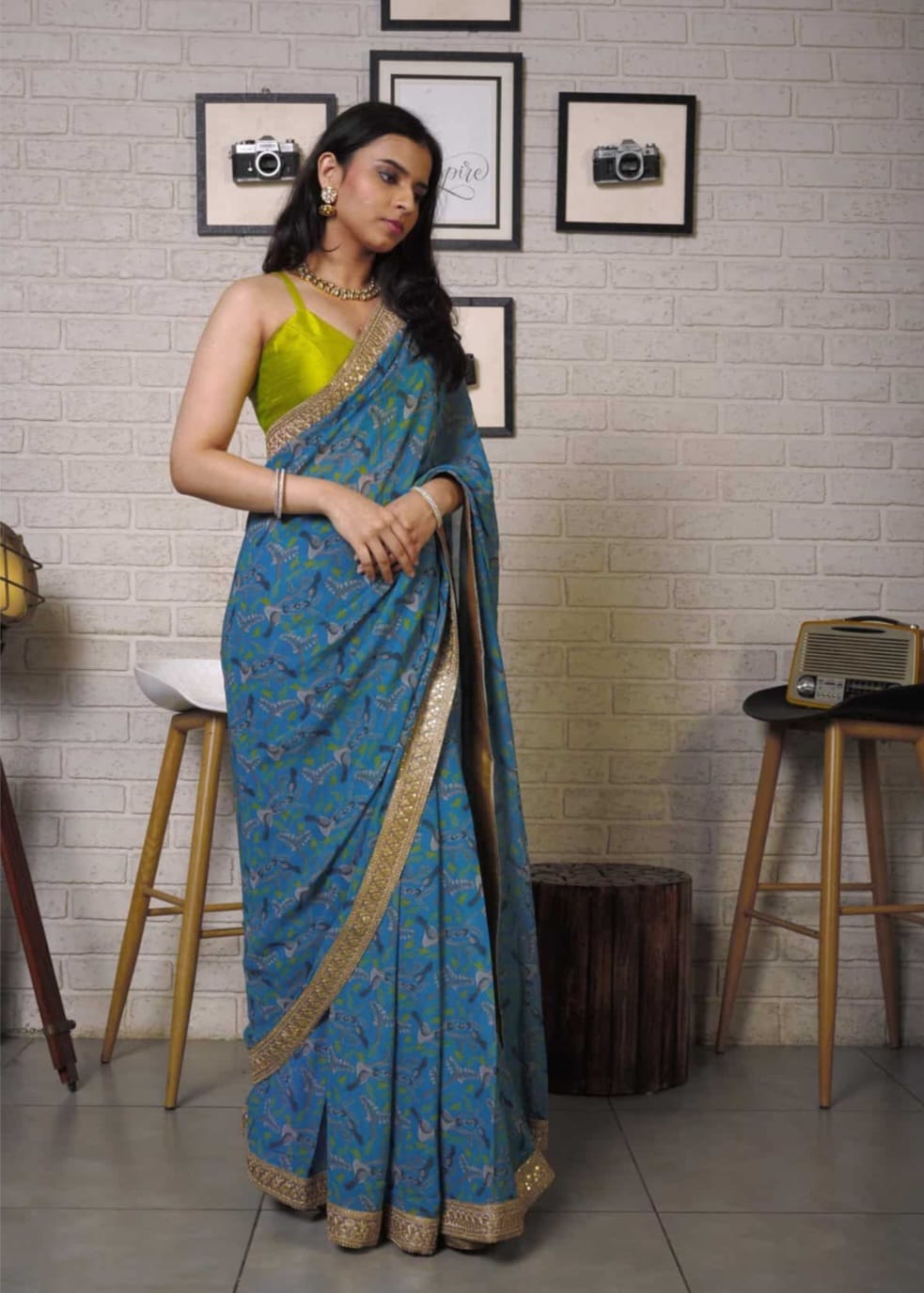 Blue Printed Saree with Bright Olive Bustier Top