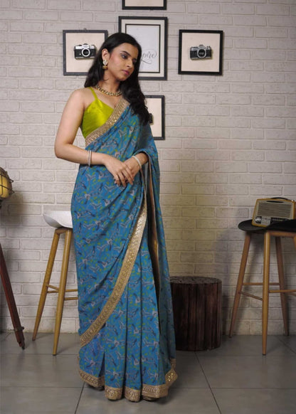 Blue Printed Saree with Bright Olive Bustier Top