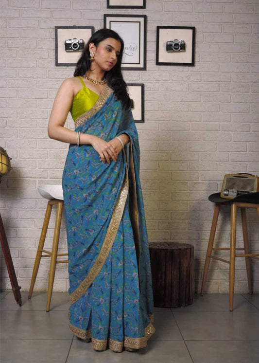 Blue Printed Saree with Bright Olive Bustier Top