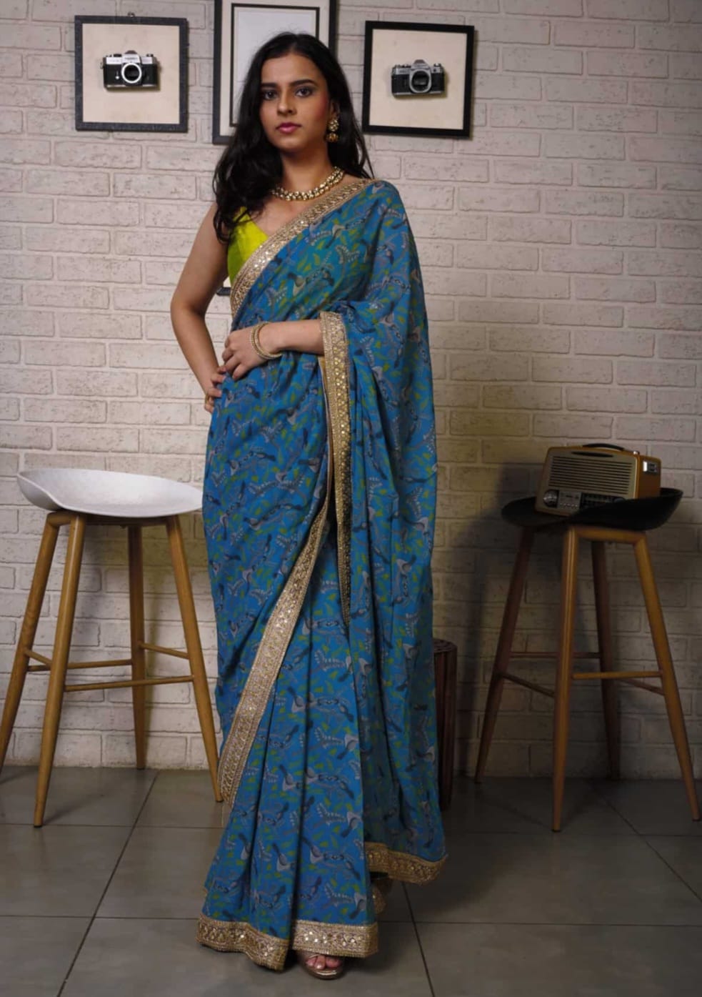 Blue Printed Saree with Bright Olive Bustier Top