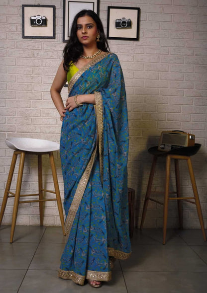 Blue Printed Saree with Bright Olive Bustier Top