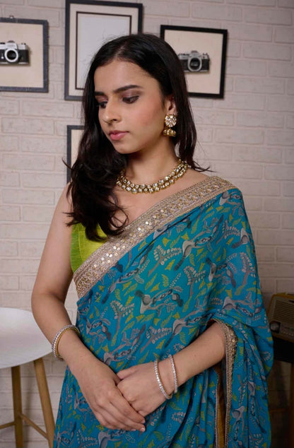 Blue Printed Saree with Bright Olive Bustier Top