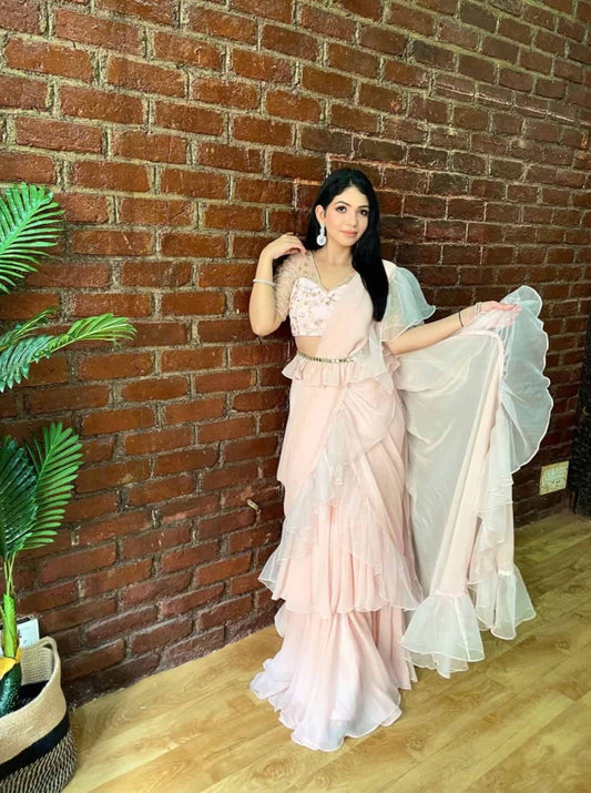 Powder Pink georgette pre-stitched saree