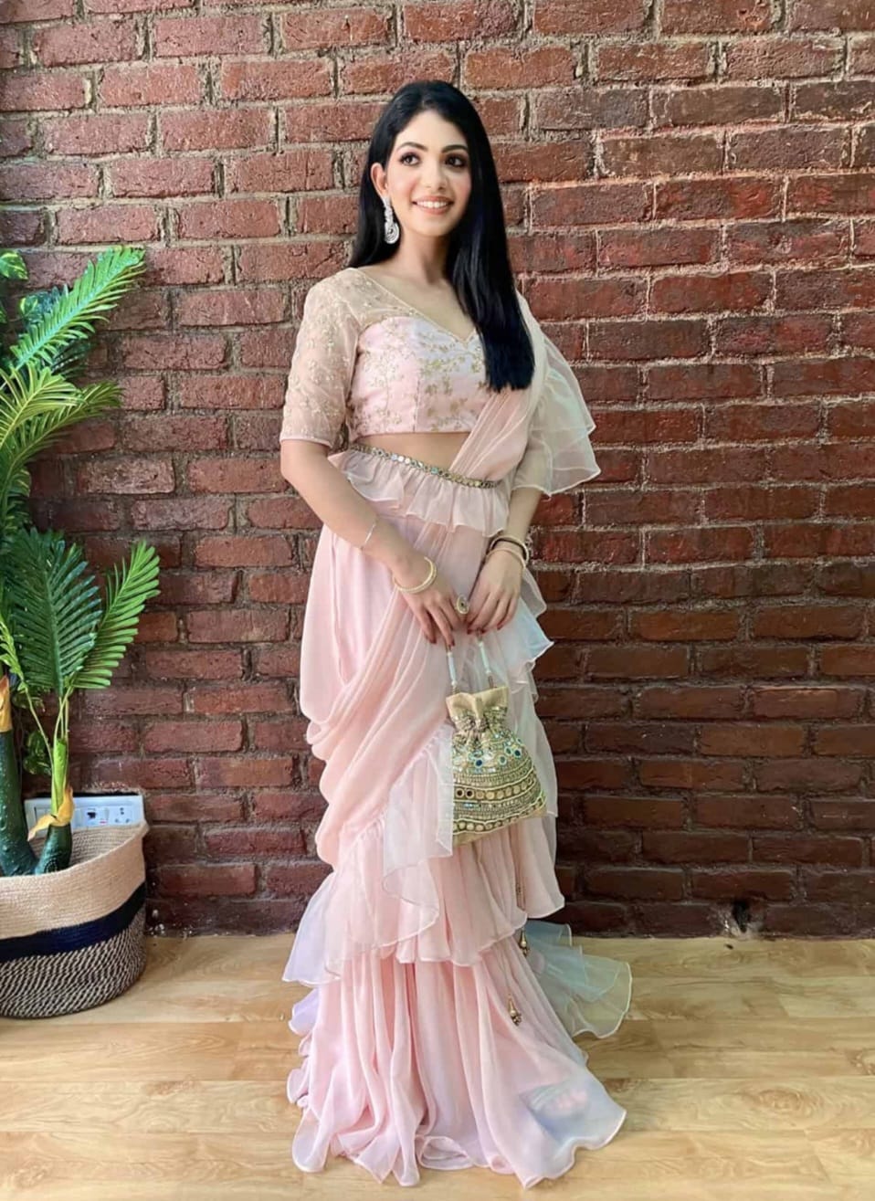 Powder Pink georgette pre-stitched saree