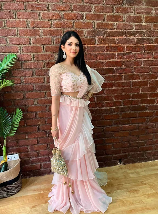 Powder Pink georgette pre-stitched saree